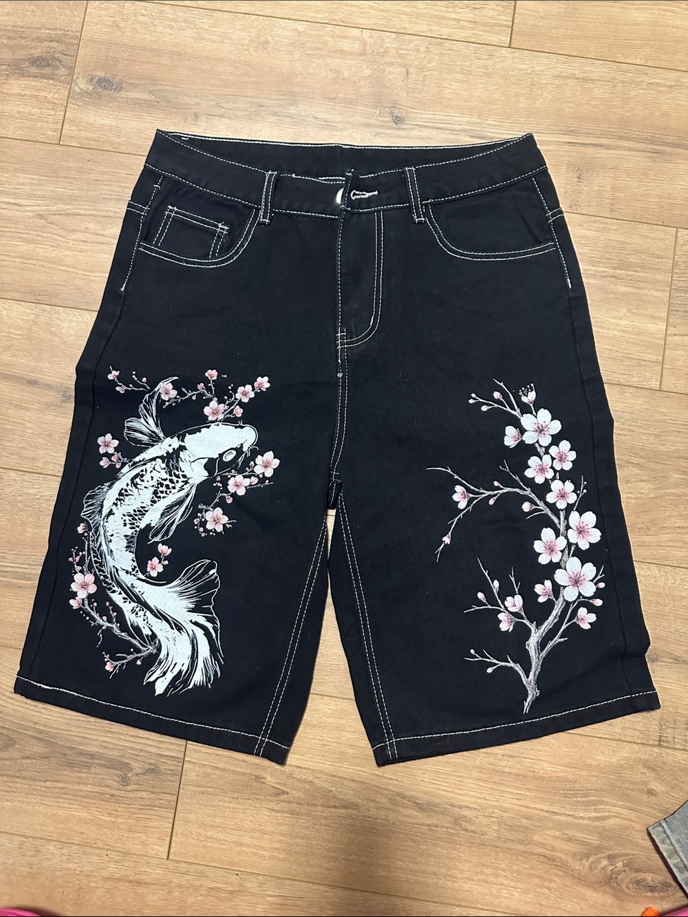 Mystic Black Shorts with Pink Cherry Blossom & Koi Embroidery